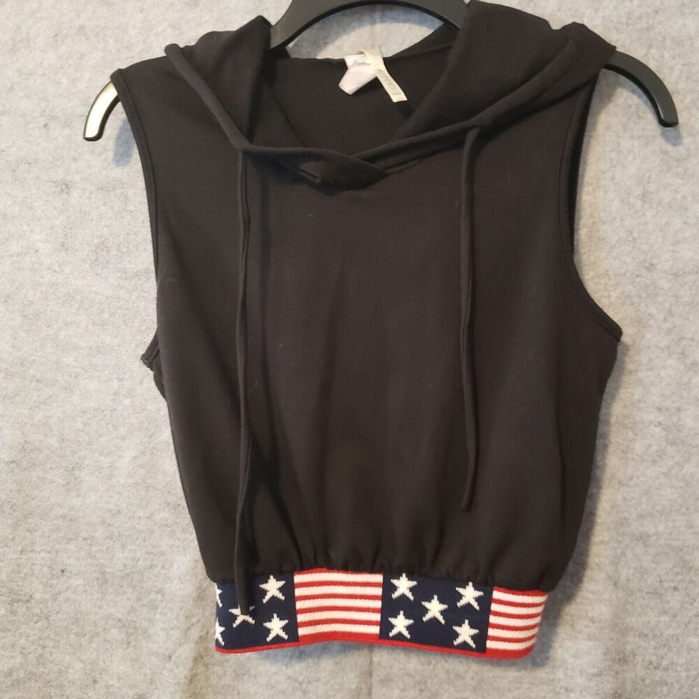 Ktoo Top Hoodie Womens Small Black Red White Stars Patriotic Sleeveless Pullover